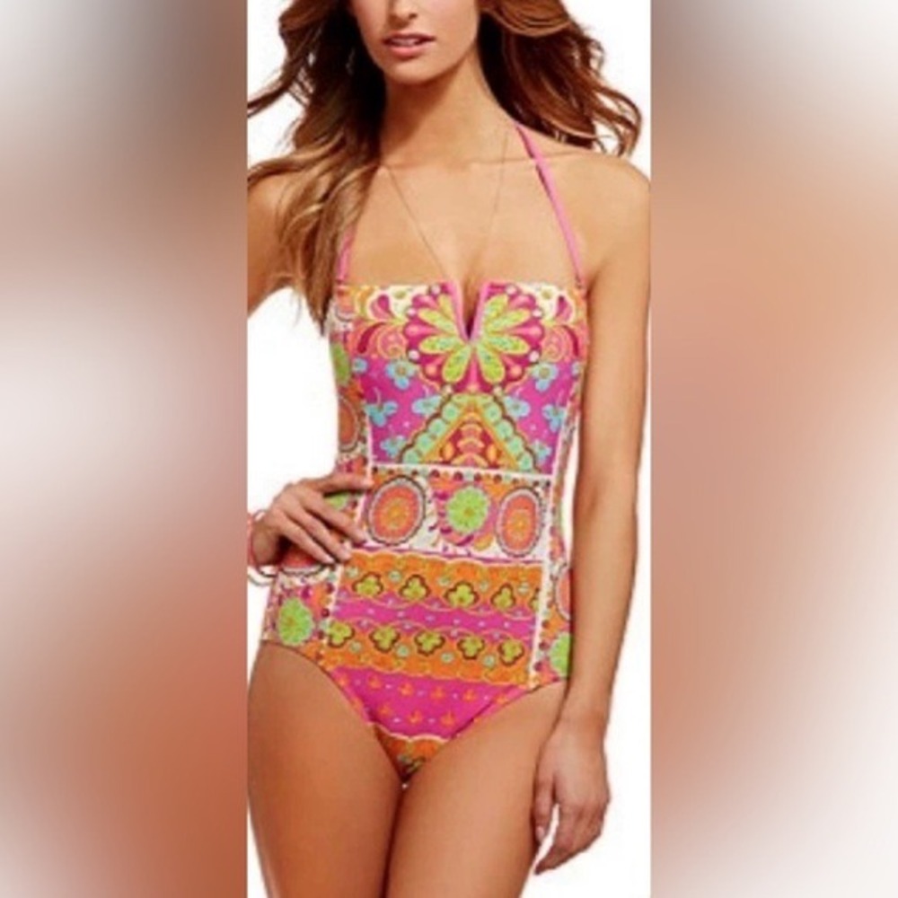 Trina Turk One Piece Swimsuit Woodblock Pinkberry Print Bandeau Size 6